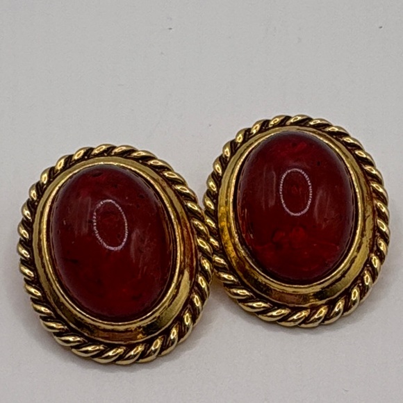 Ben-Amun Gold Rope and Rich Red Oval Clip On Earrings